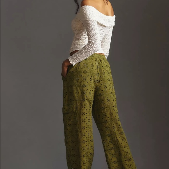Anthropologie Women’s Eyelet Cargo Jogger Pants Army Green Cotton Pocket Size SP - Picture 5 of 10